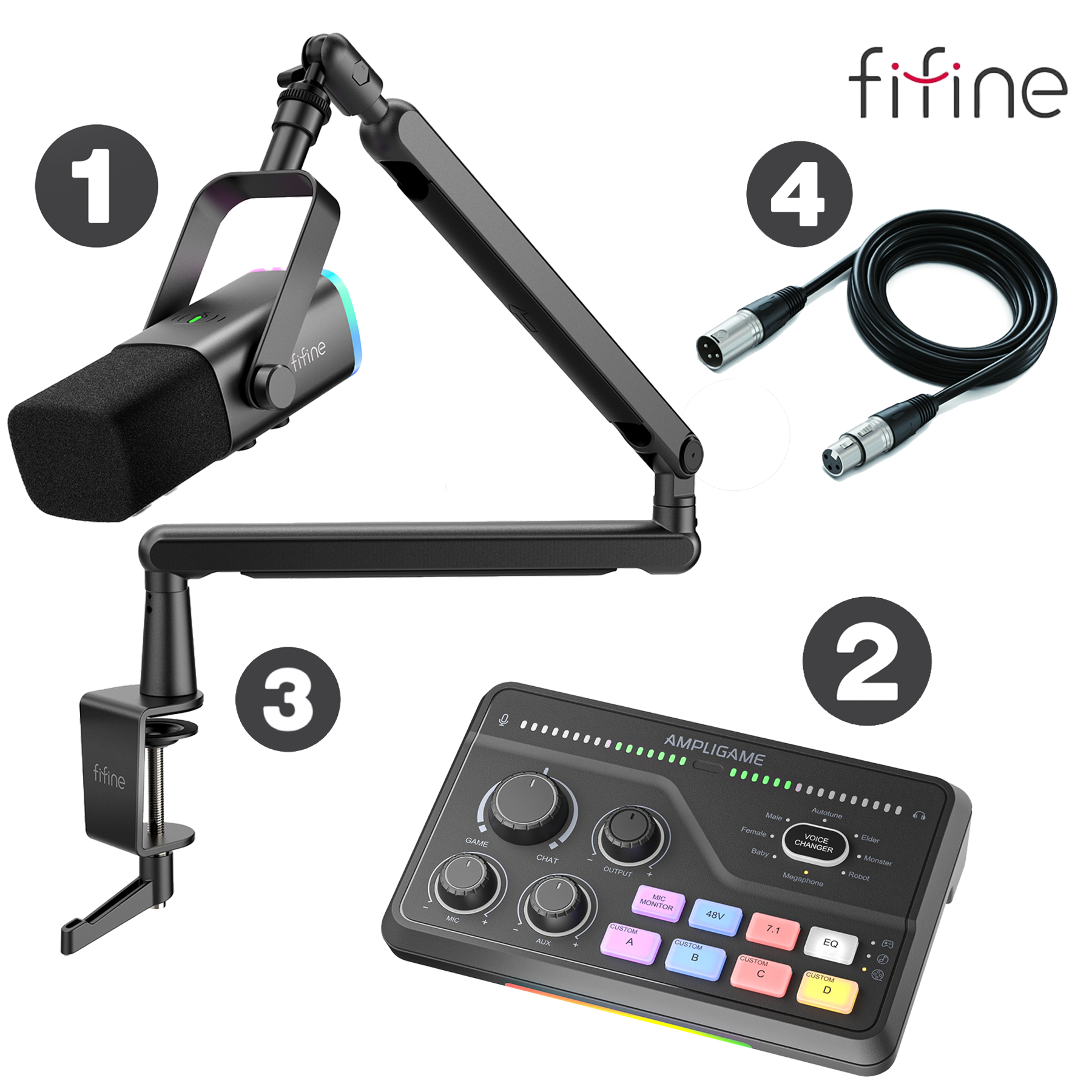 FIFINE Ultimate Black Package (AM8 V2+SC8 Mixer+BM88 Stand+XLR Cable)