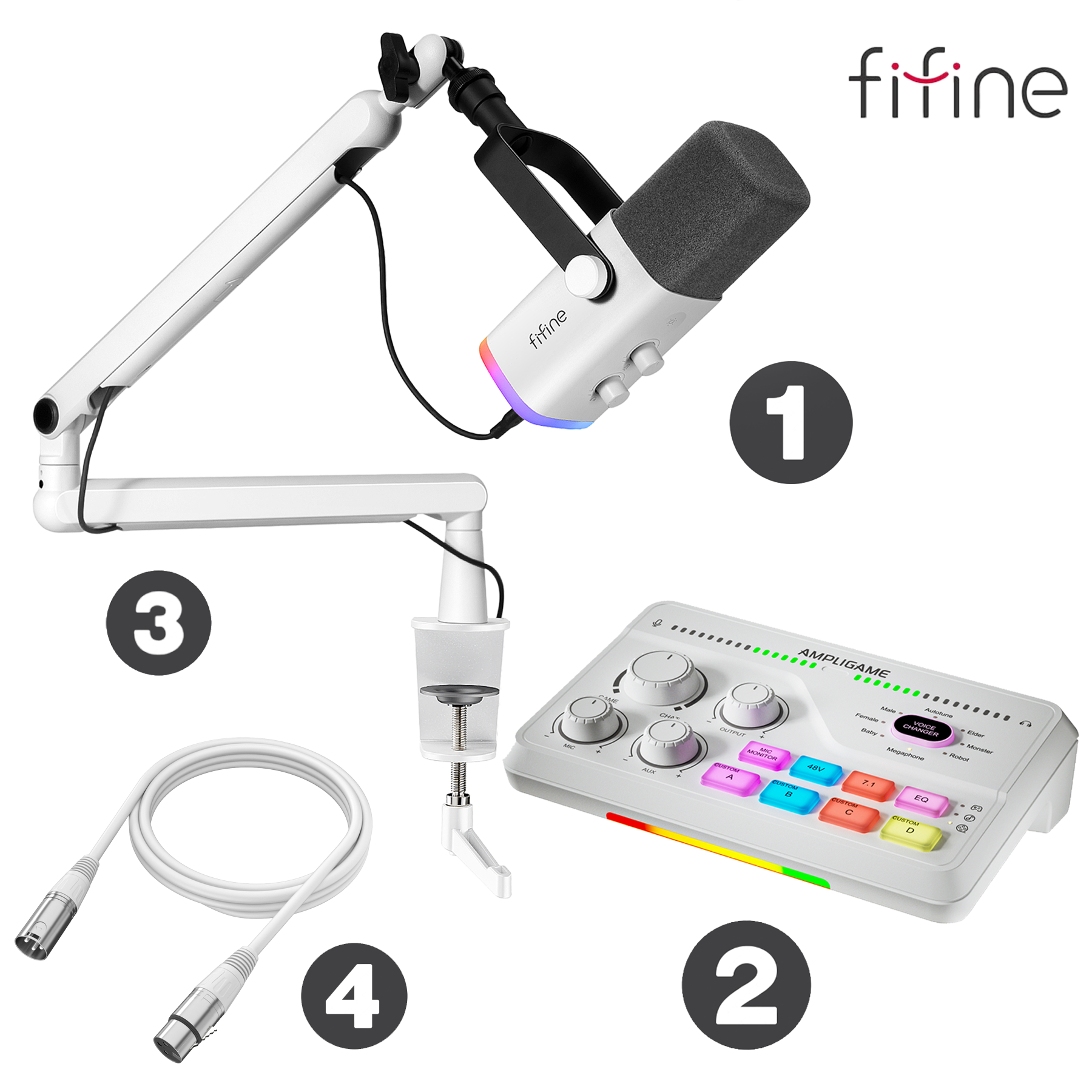 FIFINE Ultimate White Package (AM8 V2+SC8 Mixer+BM88 Stand+XLR Cable)