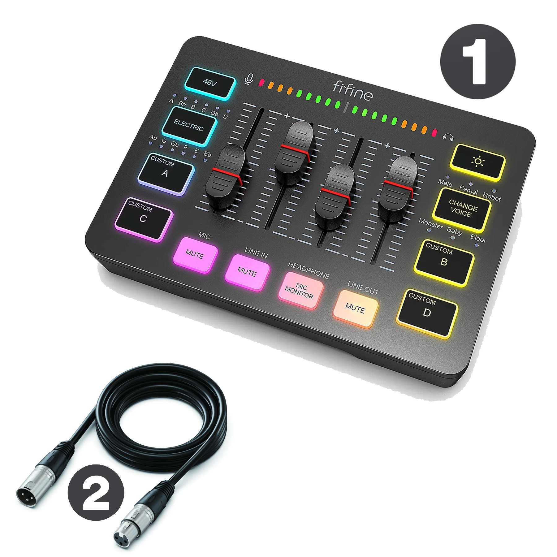 شحن فوري FIFINE Gaming Mixer 4-Channels/XLR RGB With Pahntom Power (White/Black) + XLR Cable