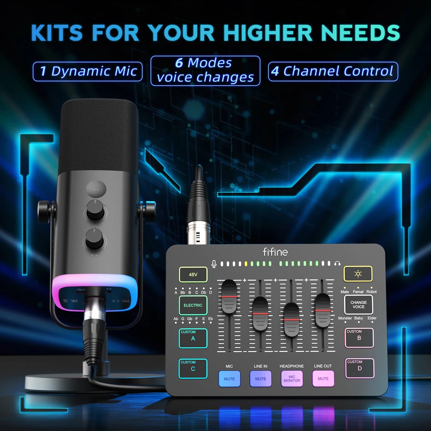 شحن فوري KS5 FIFINE Ultimate Black Package (AM8 V2 Mic + SC3 Mixer + XLR + Desk Stand)