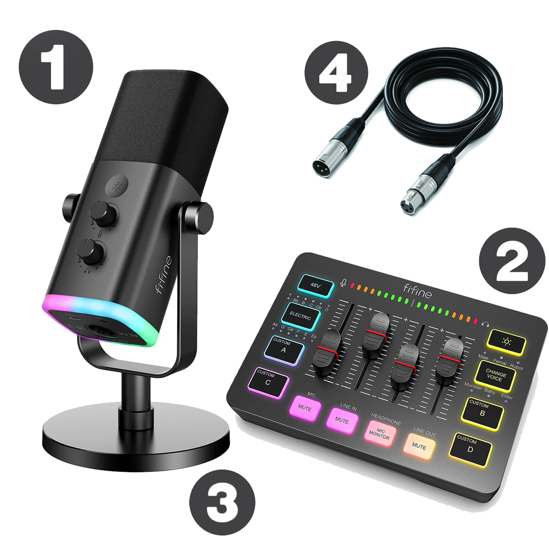 شحن فوري KS5 FIFINE Ultimate Black Package (AM8 V2 Mic + SC3 Mixer + XLR + Desk Stand)