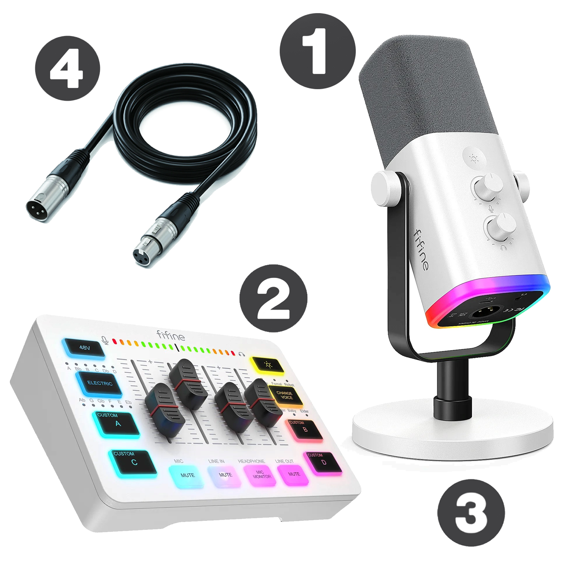 KS5 FIFINE Ultimate White Package (AM8 V2 Mic + SC3 Mixer + XLR +
