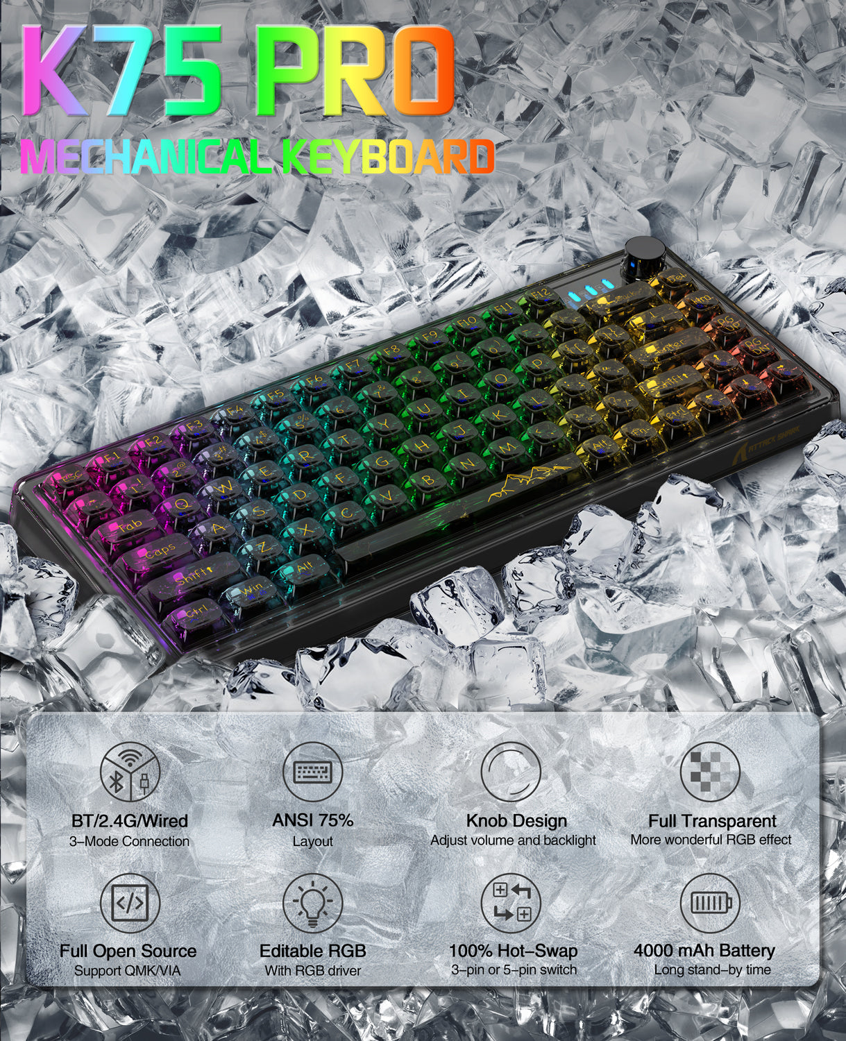 K75PRO Attack Shark Gaming Wireless Transparent RGB Keyboard