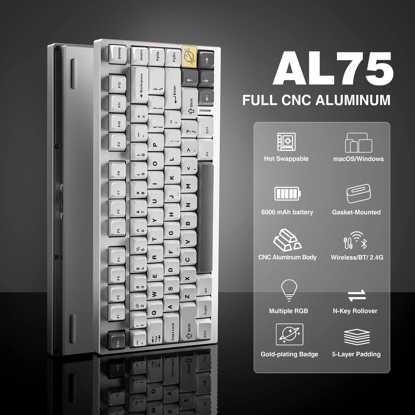 YUNZII AL75 75% Aluminum Pre-lubed Wireless Gaming Keyboard