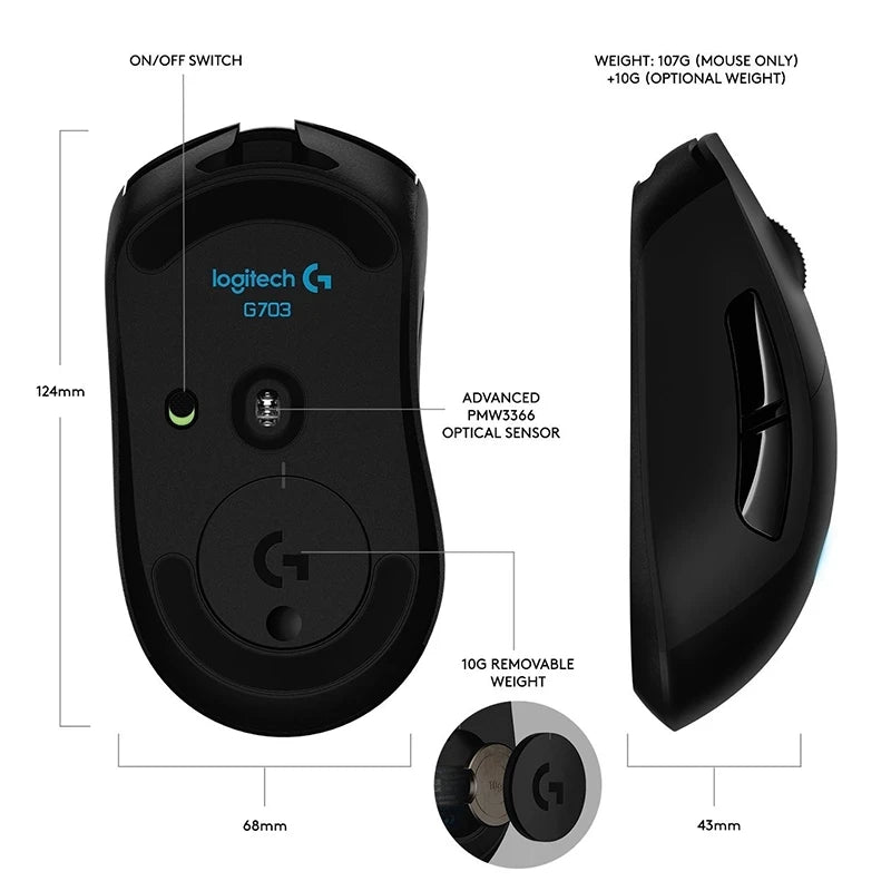 Logitech G703 Lightspeed Wireless Gaming Mouse 25600DPI