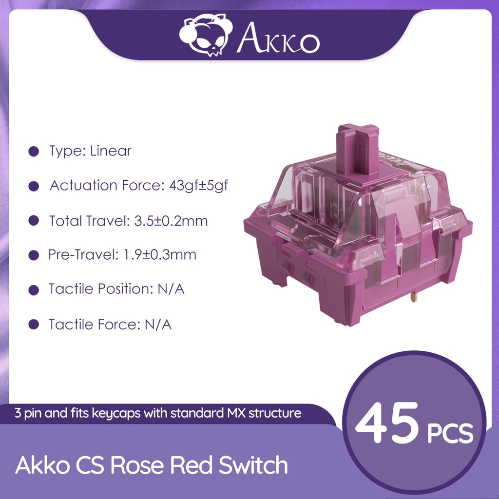 Akko CS مفاتيح حمراء وردية 3 دبوس 43gf مفتاح خطي متوافق مع لوحة المفاتيح الميكانيكية MX (45 قطعة)