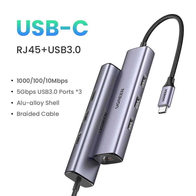 UGREEN USB C HUB 1000Mbps Ethernet HUB USB-C إلى USB3.0 RJ45 لأجهزة الكمبيوتر المحمول Macbook ملحقات Type-C محول إيثرنت بطاقة الشبكة