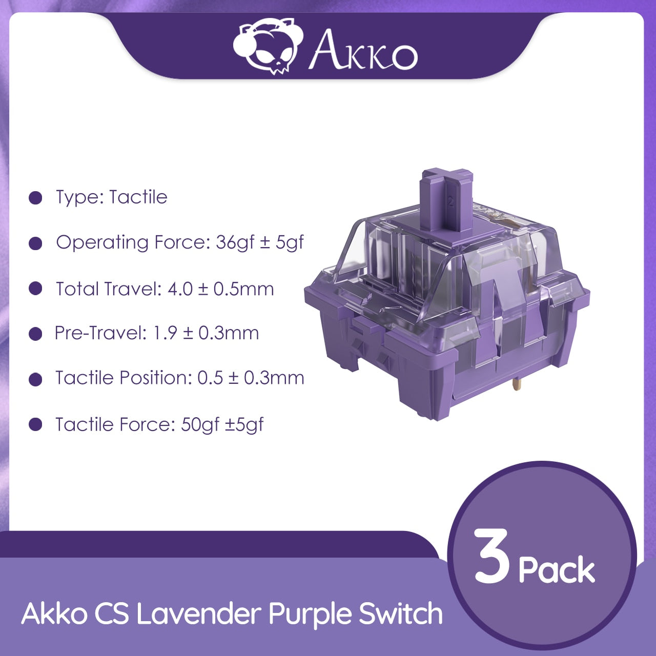 Akko CS Lavender Purple Switches 3 Pin 36gf Tactile Switch Compatible for MX Mechanical Keyboard (45 pcs)