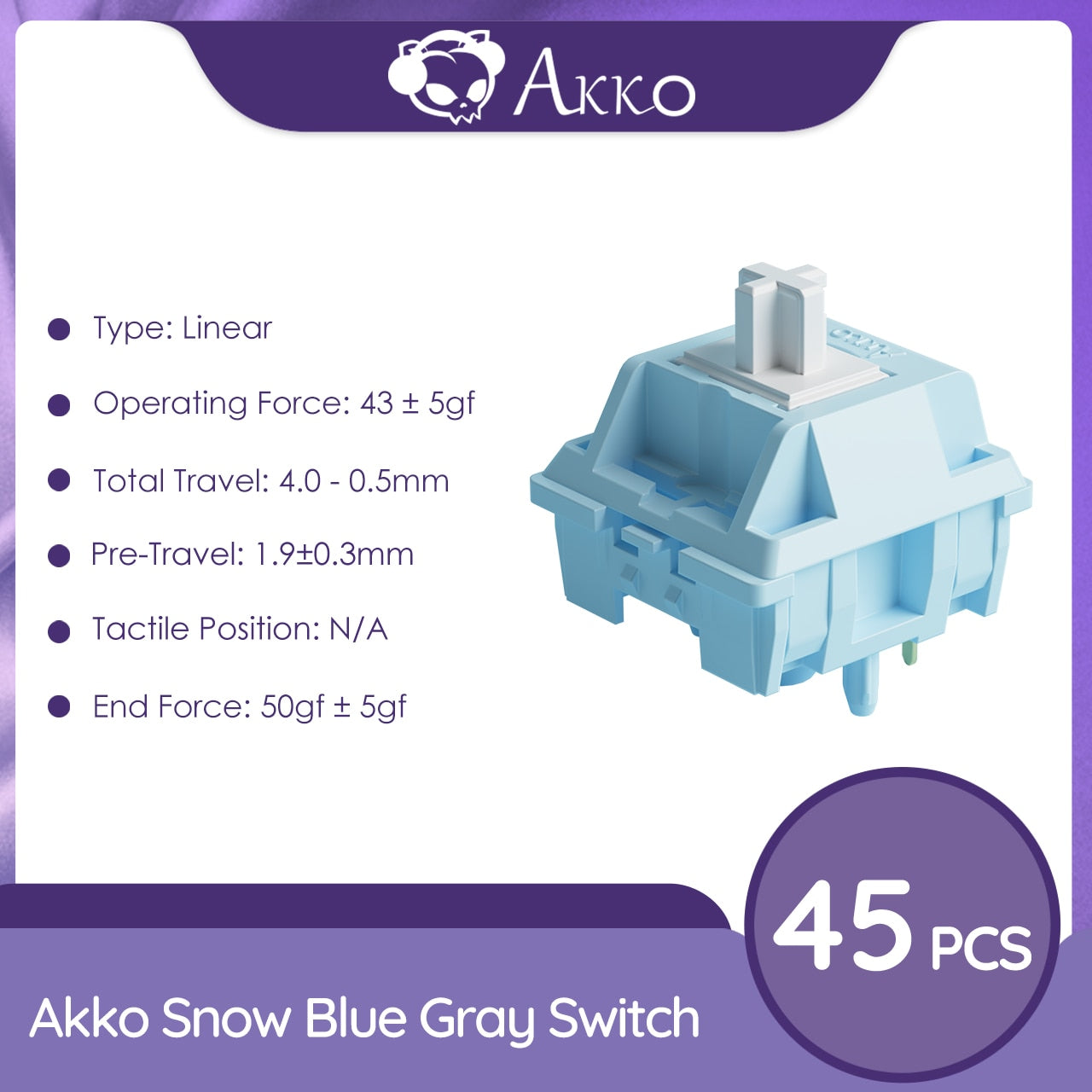 Akko CS Snow Blue Gray Switch 5 Pin 43gf خطي متوافق مع لوحة المفاتيح الميكانيكية MX (45 قطعة)