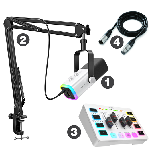 FIFINE Ultra Package AM8+Mixer+Microphone Stand+XLR Cable (White/Black)