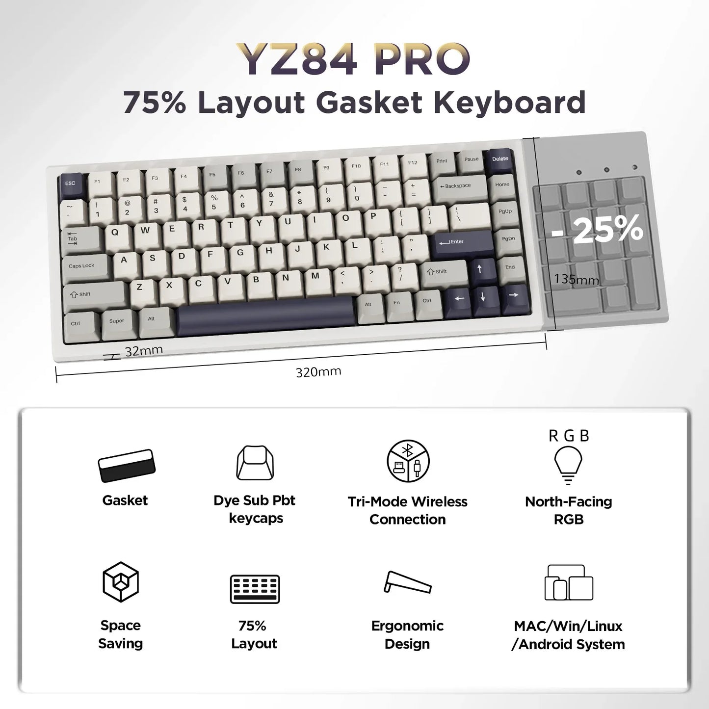 YUNZII YZ84 Pro 75% Hot Swappable Wireless Mechanical Keyboard