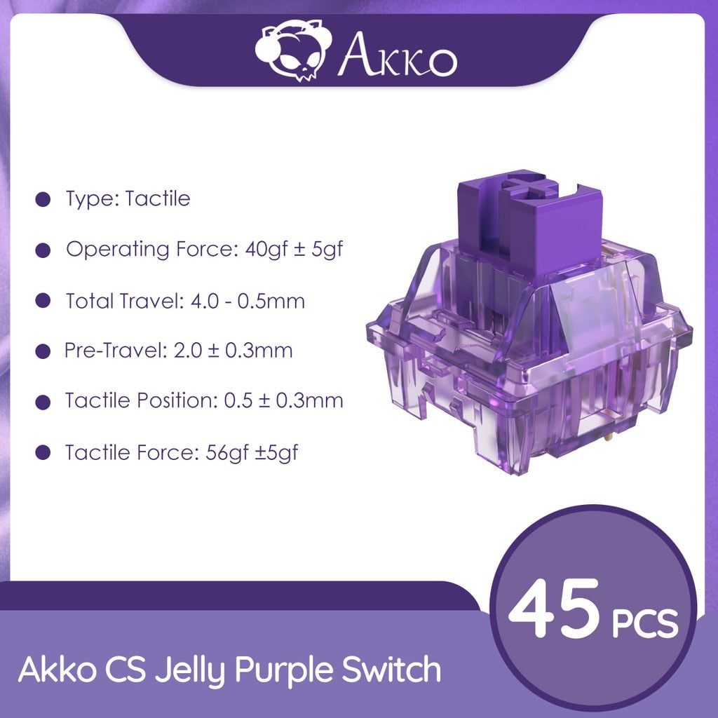 Akko CS Jelly Purple Switches 3 Pin 40gf مفتاح اللمس مع جذع مقاوم للغبار متوافق مع لوحة المفاتيح الميكانيكية MX (45 قطعة) 