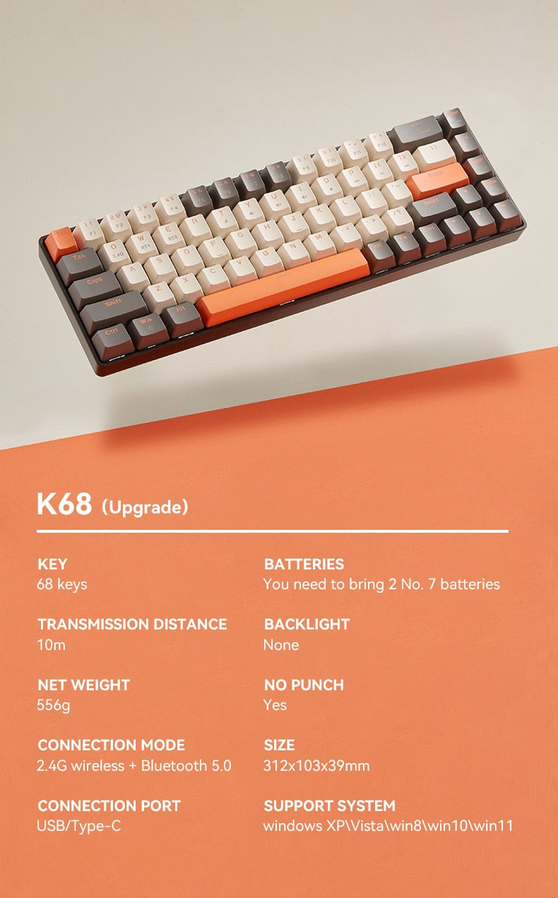 لوحة مفاتيح K68 Pro لاسلكية 2.4G/BT5.0 لوحة مفاتيح صغيرة للألعاب