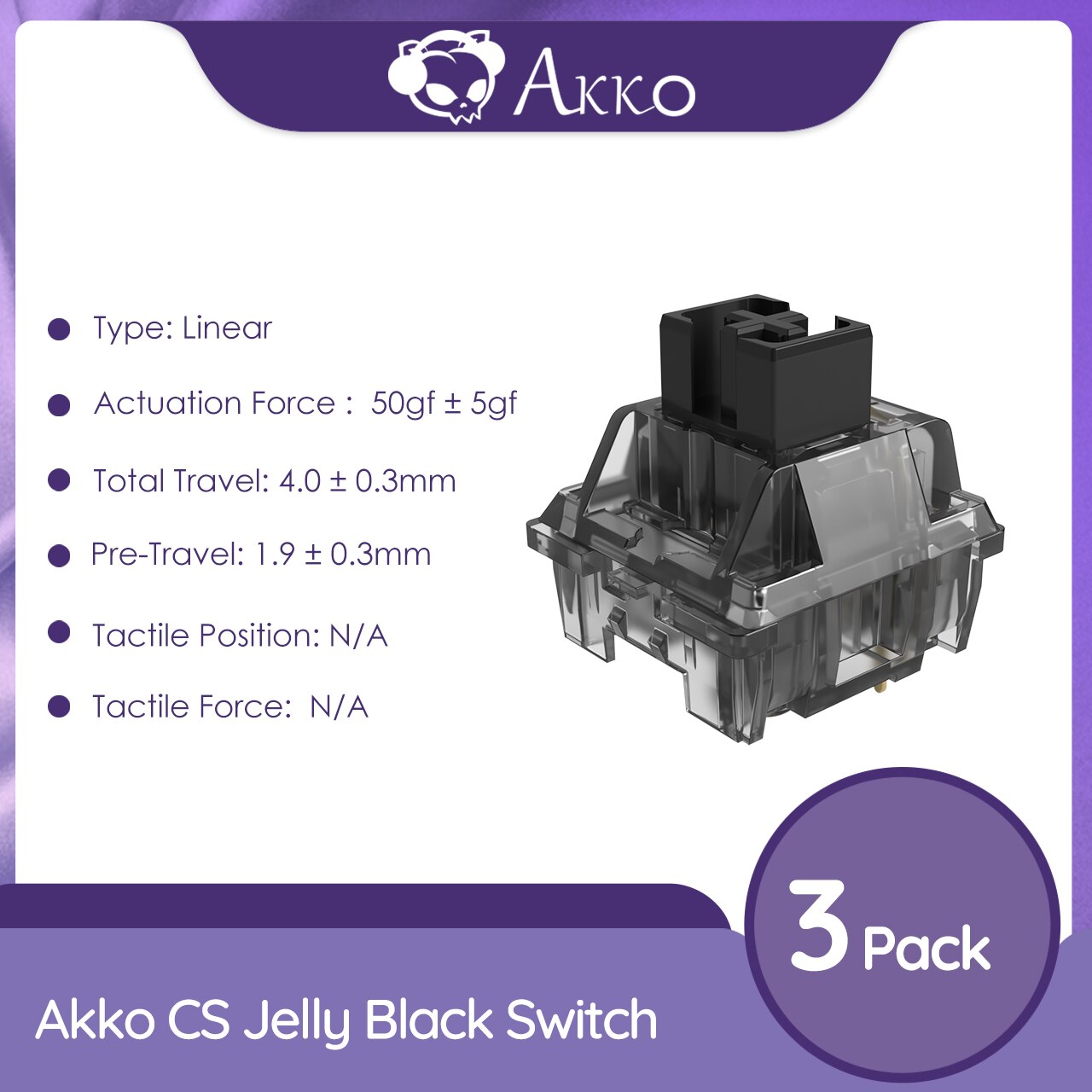 Akko CS Jelly Black Switches 3 Pin 50gf Linear Switch Dustproof Stem Compatible with MX Mechanical Keyboard (45 pcs)