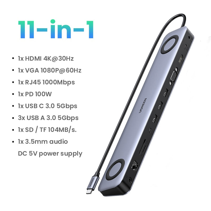 UGREEN USB C Docking Station 11-in-1 HUB USB C to HDMI 4K VGA RJ45 PD 100W SD TF 3.5 For MacBook Pro Air M1 Laptop Dock USB HUB