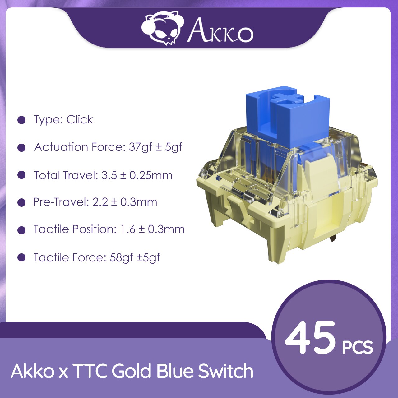 Akko x TTC Gold Blue Switch 3 Pin 37gf Click Switch متوافق مع لوحة المفاتيح الميكانيكية MX المخصصة القابلة للتبديل السريع (45 قطعة)