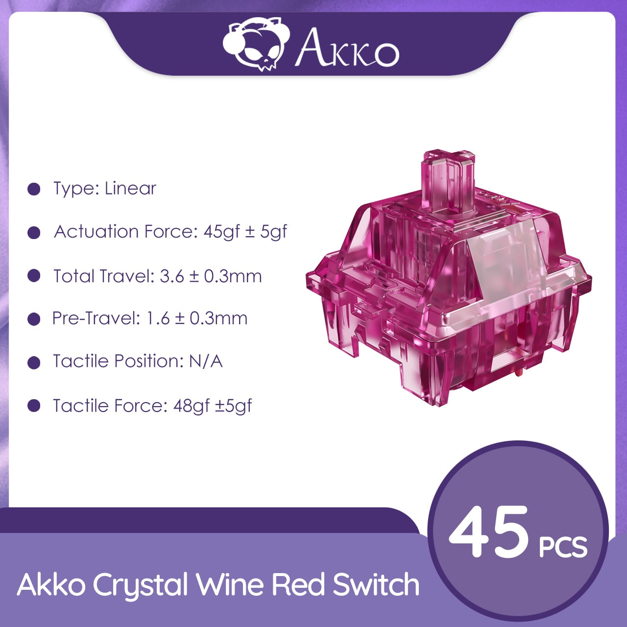 مفتاح Akko CS كريستال النبيذ الأحمر (45 قطعة) 3 دبوس 45gf مفتاح خطي هيكل كامل من البولي كربونات مناسب للوحة المفاتيح الميكانيكية MX (45 قطعة) 