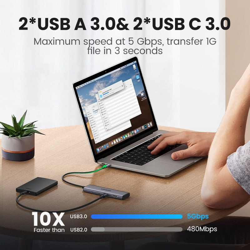 UGREEN USB C Hub 4 منافذ USB C إلى USB Hub مع 2 USB-C و2 USB-A 5 جيجابت في الثانية منفذ بيانات الألومنيوم نوع C Hub إلى محول USB متعدد