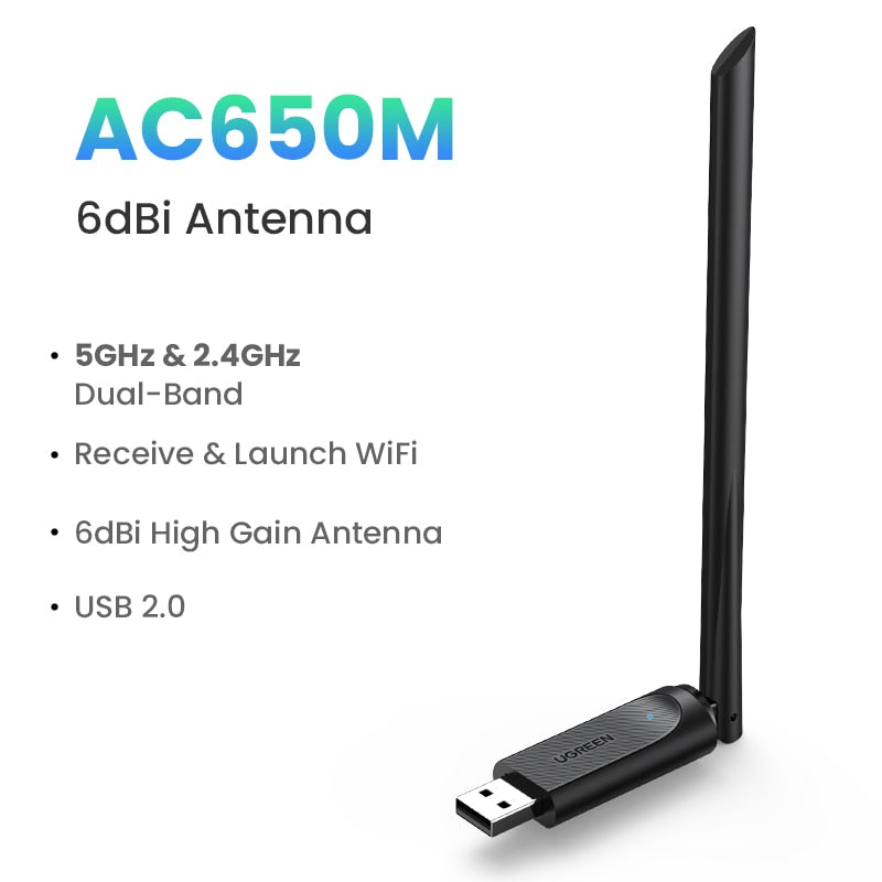 UGREEN محول واي فاي AC650/AC1300 5G &amp; 2.4G 6dBi هوائي واي فاي USB للكمبيوتر الشخصي ويندوز USB بطاقة شبكة إيثرنت واي فاي دونغل