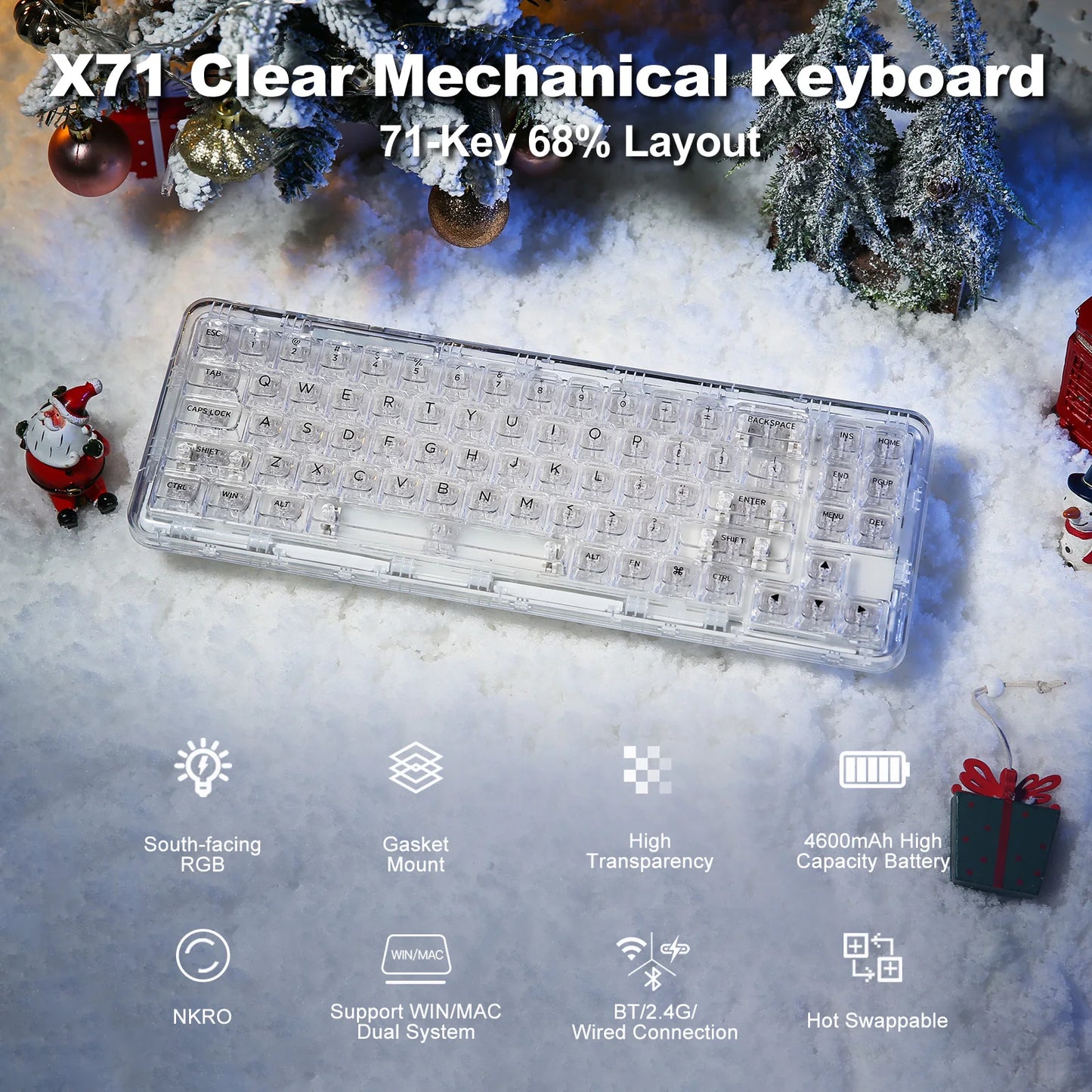 YUNZII X71 68% Wireless Hot-Swap RGB Mechanical Keyboard