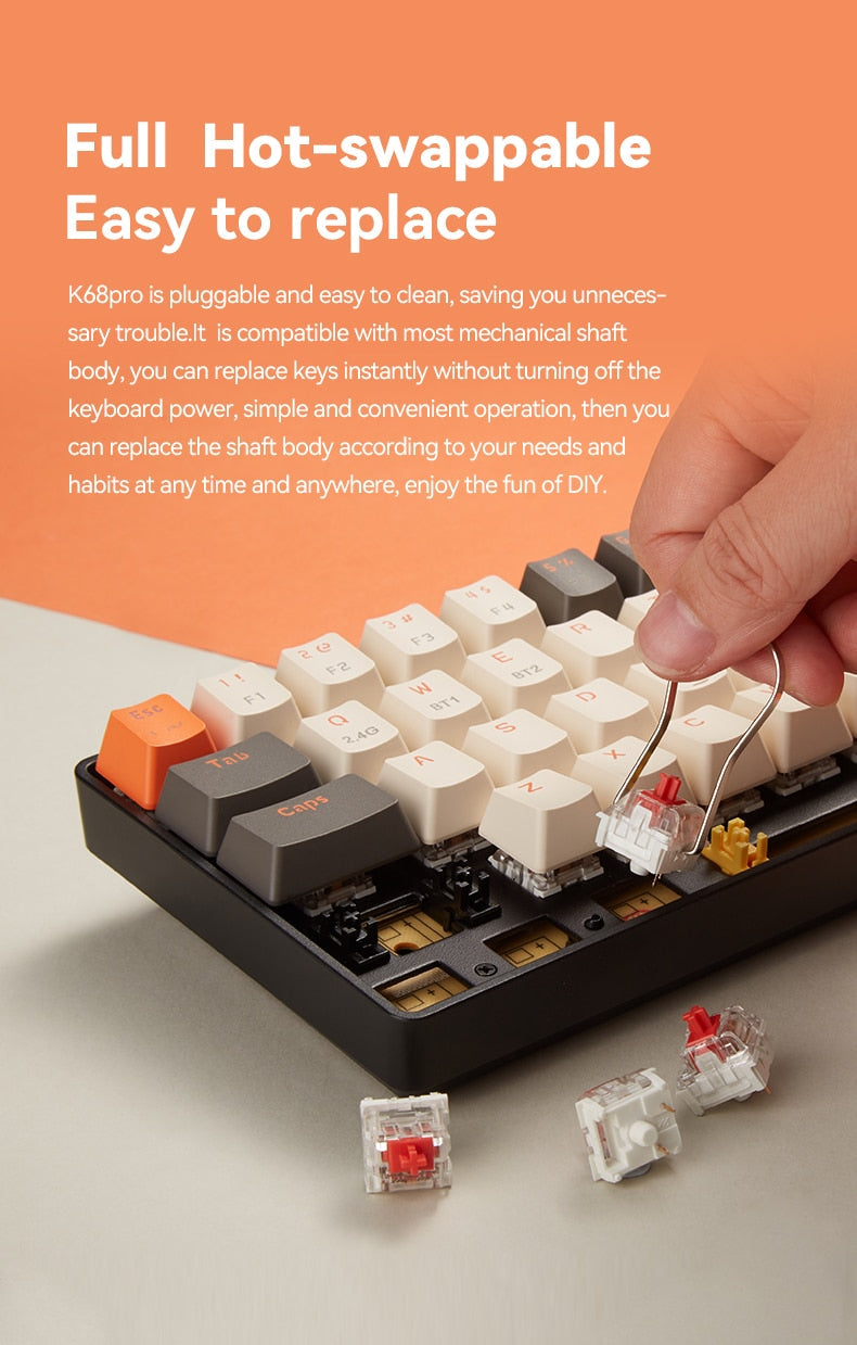 لوحة مفاتيح K68 Pro لاسلكية 2.4G/BT5.0 لوحة مفاتيح صغيرة للألعاب