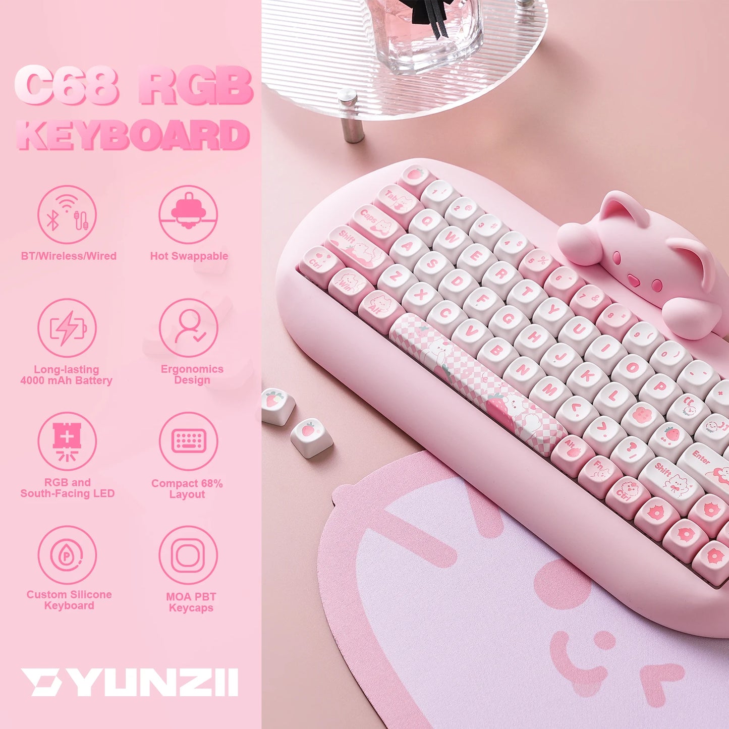 YUNZII C68 65% Hi-Fi Silicone Hot Swap Wireless RGB Mechanical Keyboard