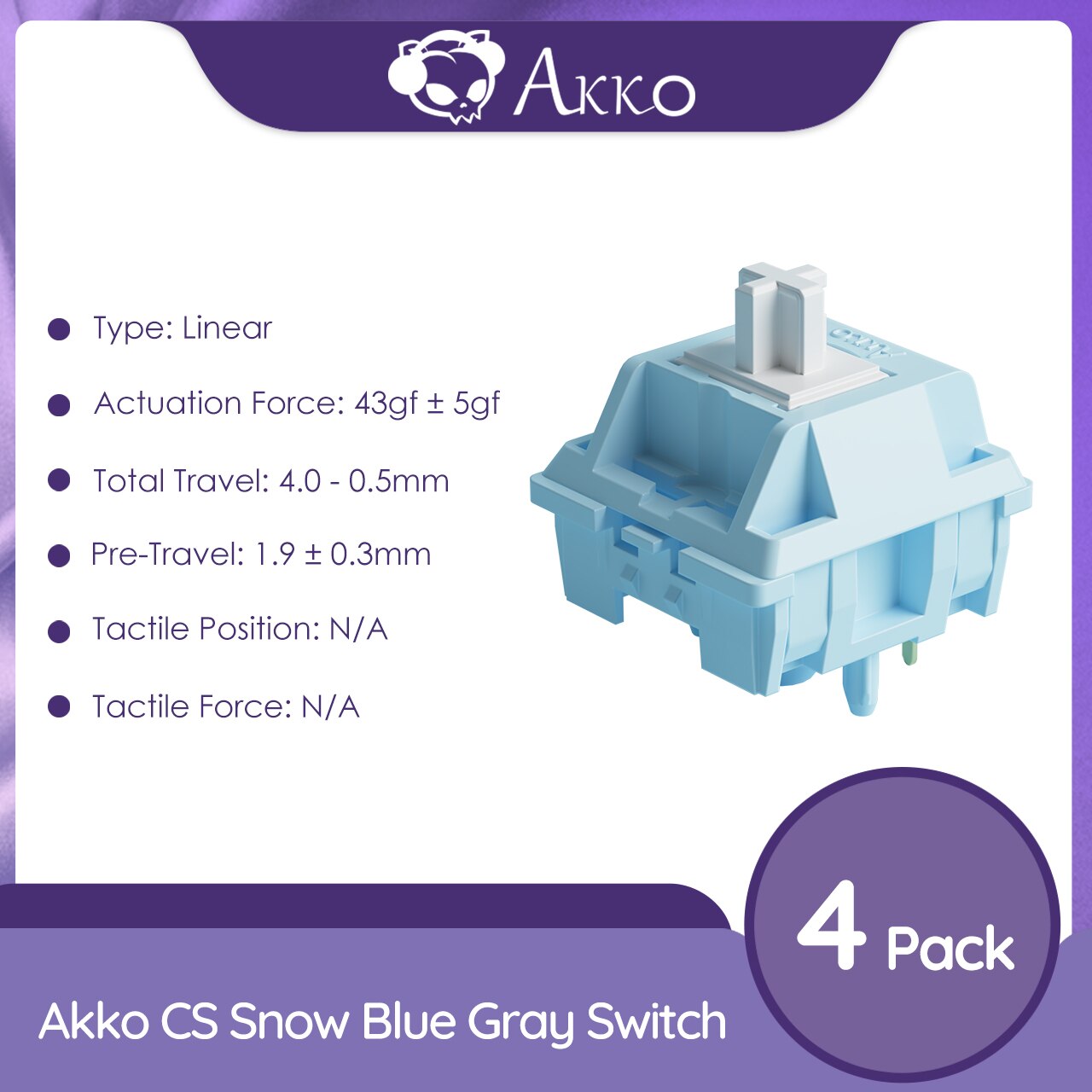 Akko CS Snow Blue Gray Switch 5 Pin 43gf خطي متوافق مع لوحة المفاتيح الميكانيكية MX (45 قطعة)