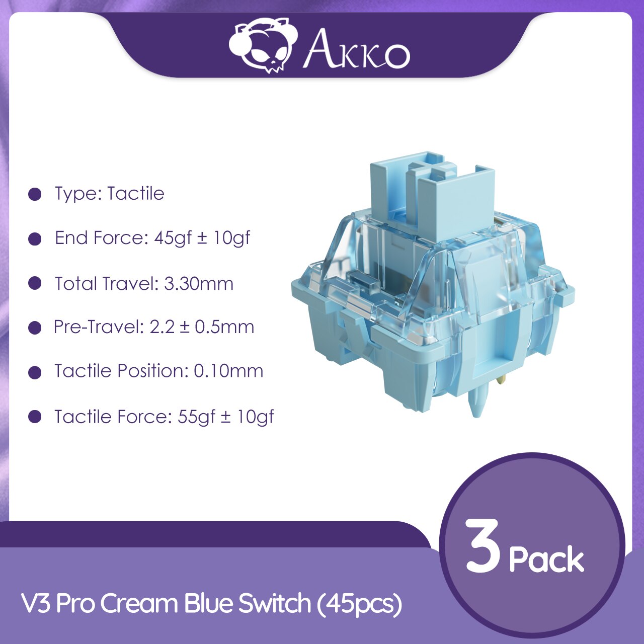 Akko V3/V3 Pro Cream Blue Switch 3 Pin 38gf Tactile Switch With Dustproof Stem Compatible with MX Mechanical Keyboard