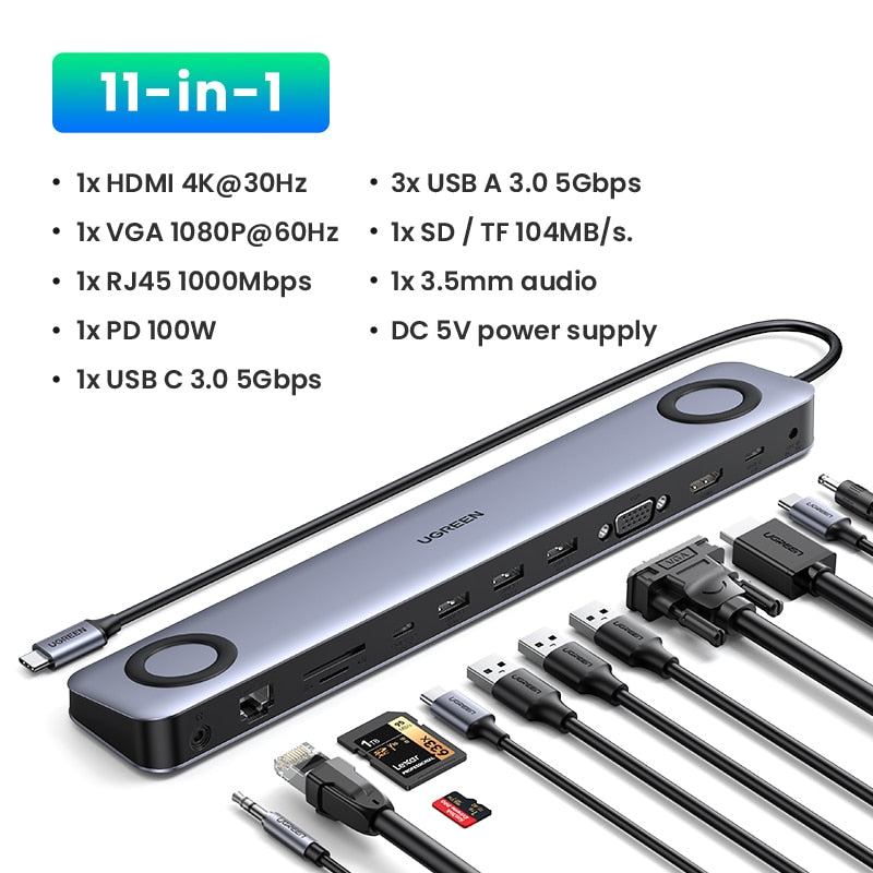 محطة إرساء UGREEN USB C 11 في 1 HUB USB C إلى HDMI 4K VGA RJ45 PD 100W SD TF 3.5 لأجهزة MacBook Pro Air M1 قاعدة كمبيوتر محمول USB HUB