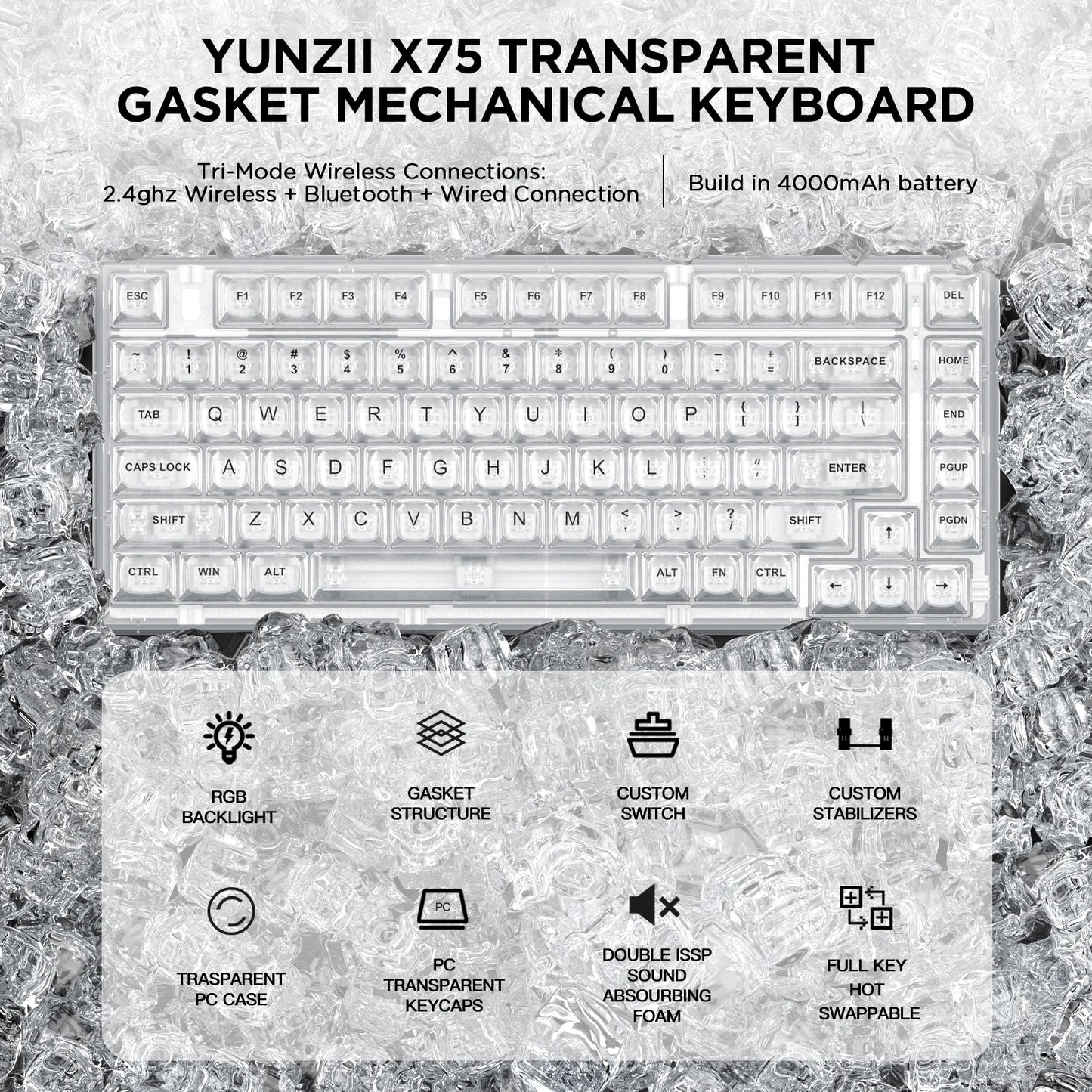 YUNZII X75 PRO 82-Key Wireless Hot Swappable RGB Mechanical Keyboard