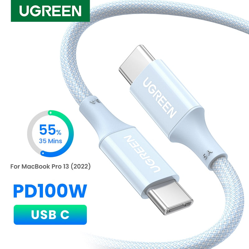 UGREEN 100W USB Cable for MacBook Samsung S21 E-marker Chip 5A Blue Silicone Fast Charging USB C Type C Cable Mobile Phone Cord