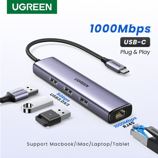 UGREEN USB C HUB 1000Mbps Ethernet HUB USB-C إلى USB3.0 RJ45 لأجهزة الكمبيوتر المحمول Macbook ملحقات Type-C محول إيثرنت بطاقة الشبكة