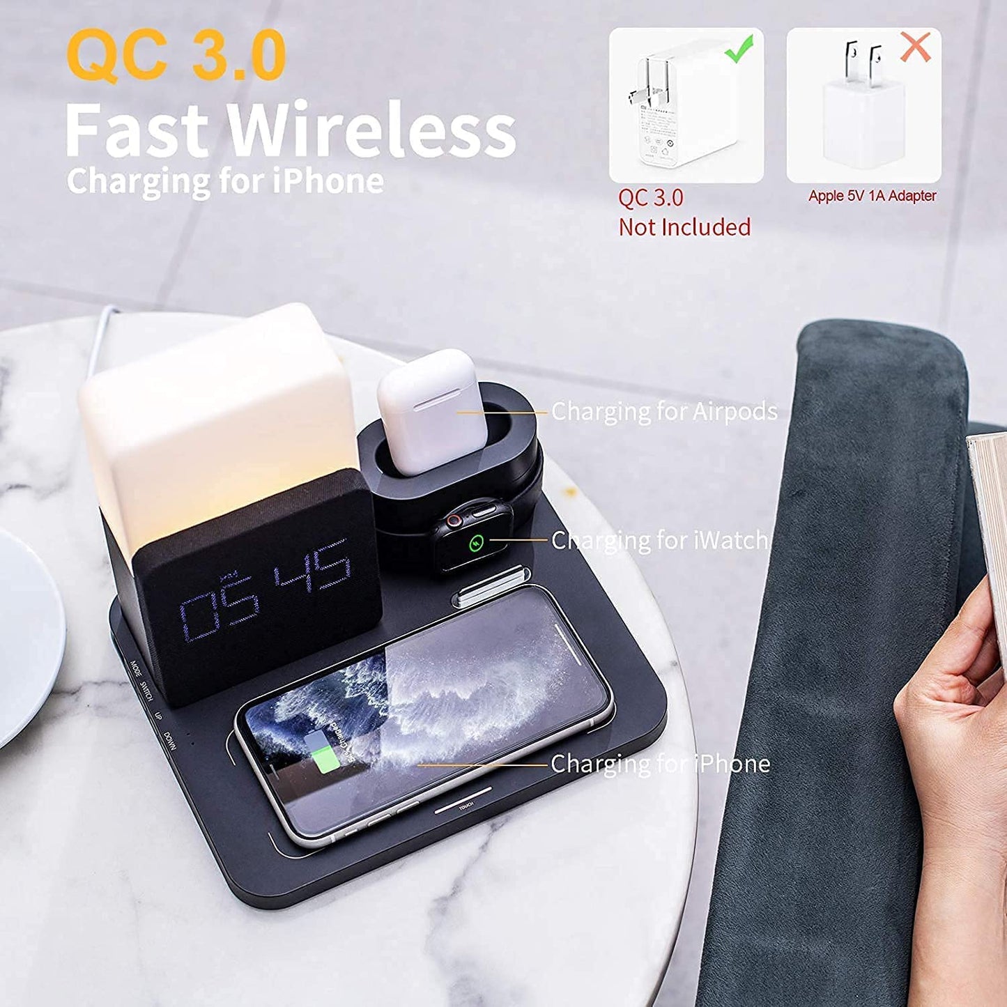 15W 3 in 1 Qi Wireless Charger with Clock