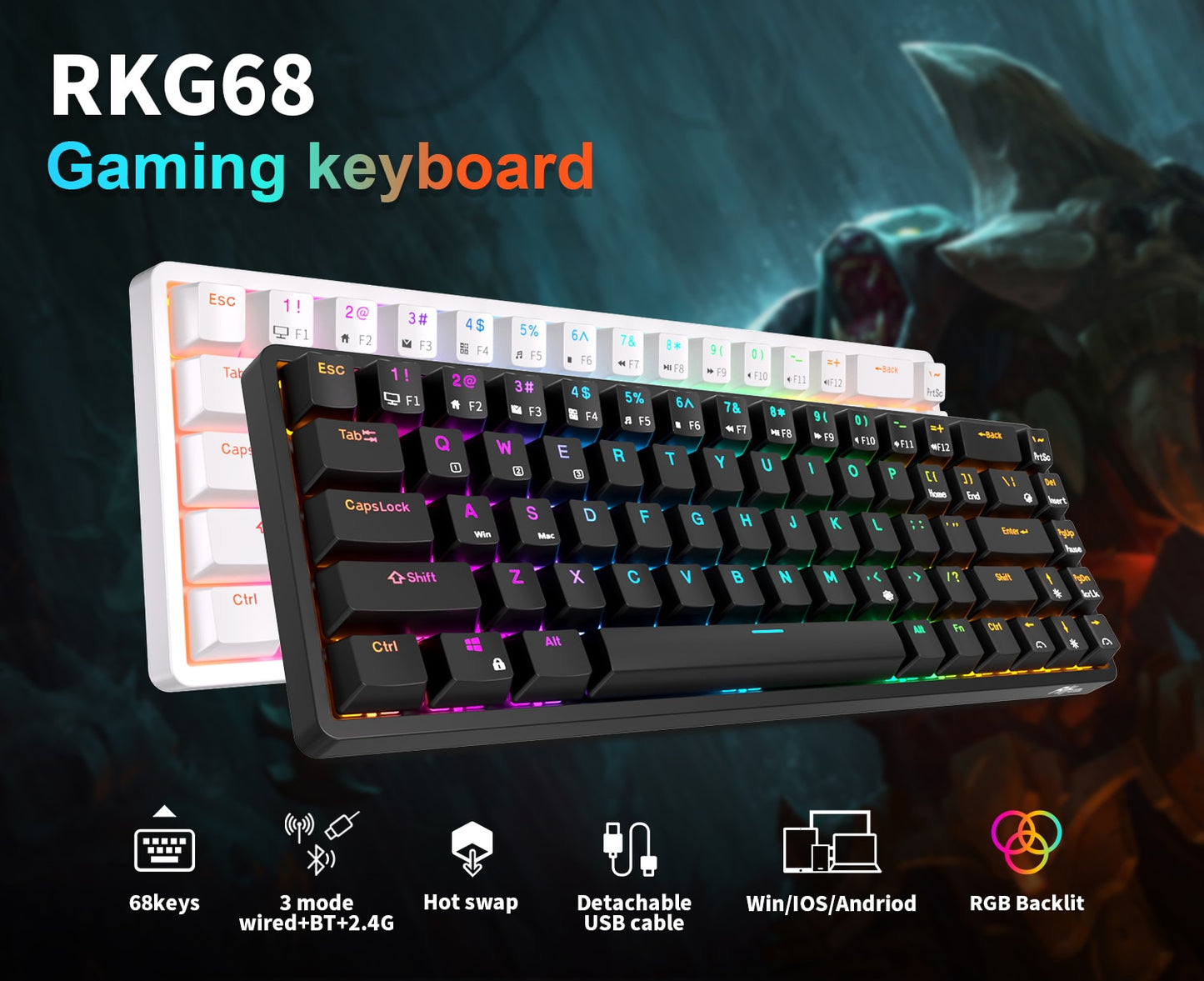 ROYAL KLUDGE RKG68 لوحة مفاتيح ميكانيكية لاسلكية 65٪