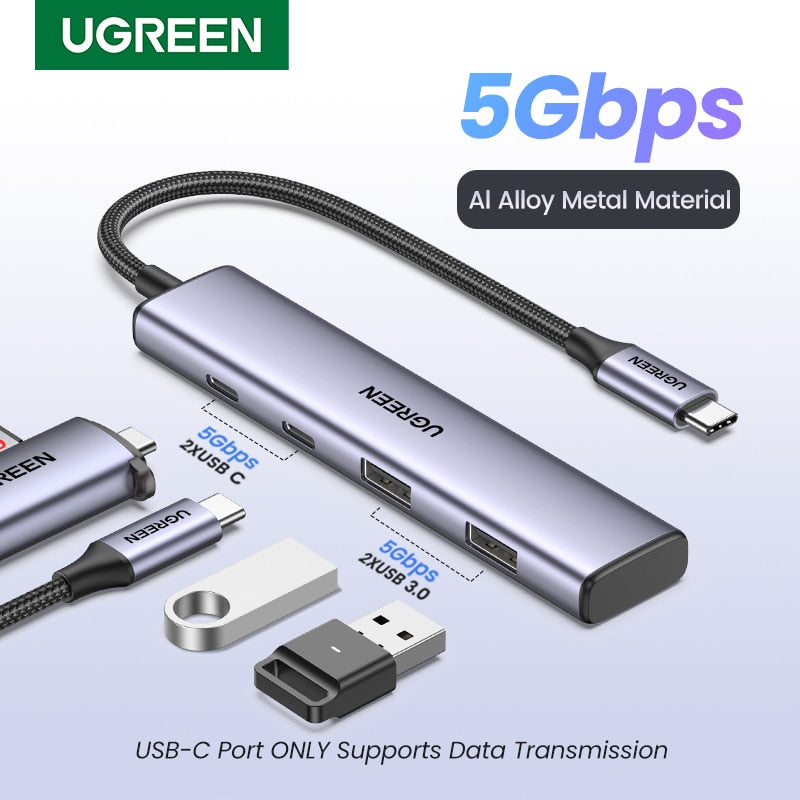UGREEN USB C Hub 4 منافذ USB C إلى USB Hub مع 2 USB-C و2 USB-A 5 جيجابت في الثانية منفذ بيانات الألومنيوم نوع C Hub إلى محول USB متعدد