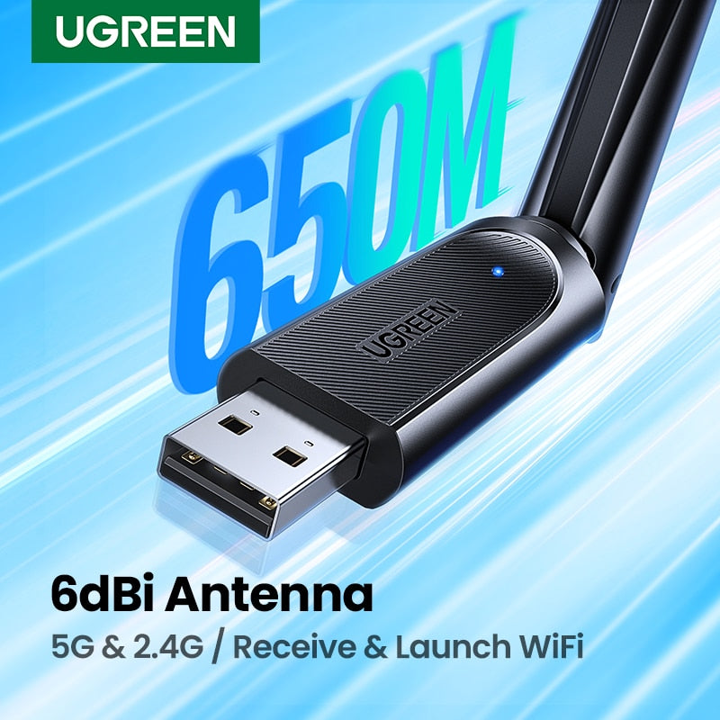 UGREEN محول واي فاي AC650/AC1300 5G &amp; 2.4G 6dBi هوائي واي فاي USB للكمبيوتر الشخصي ويندوز USB بطاقة شبكة إيثرنت واي فاي دونغل